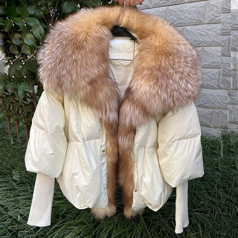 Hot Sale 2024 autumn/winter new white duck down jacket short style temperament fox fur collar fur coat European high-end feeling