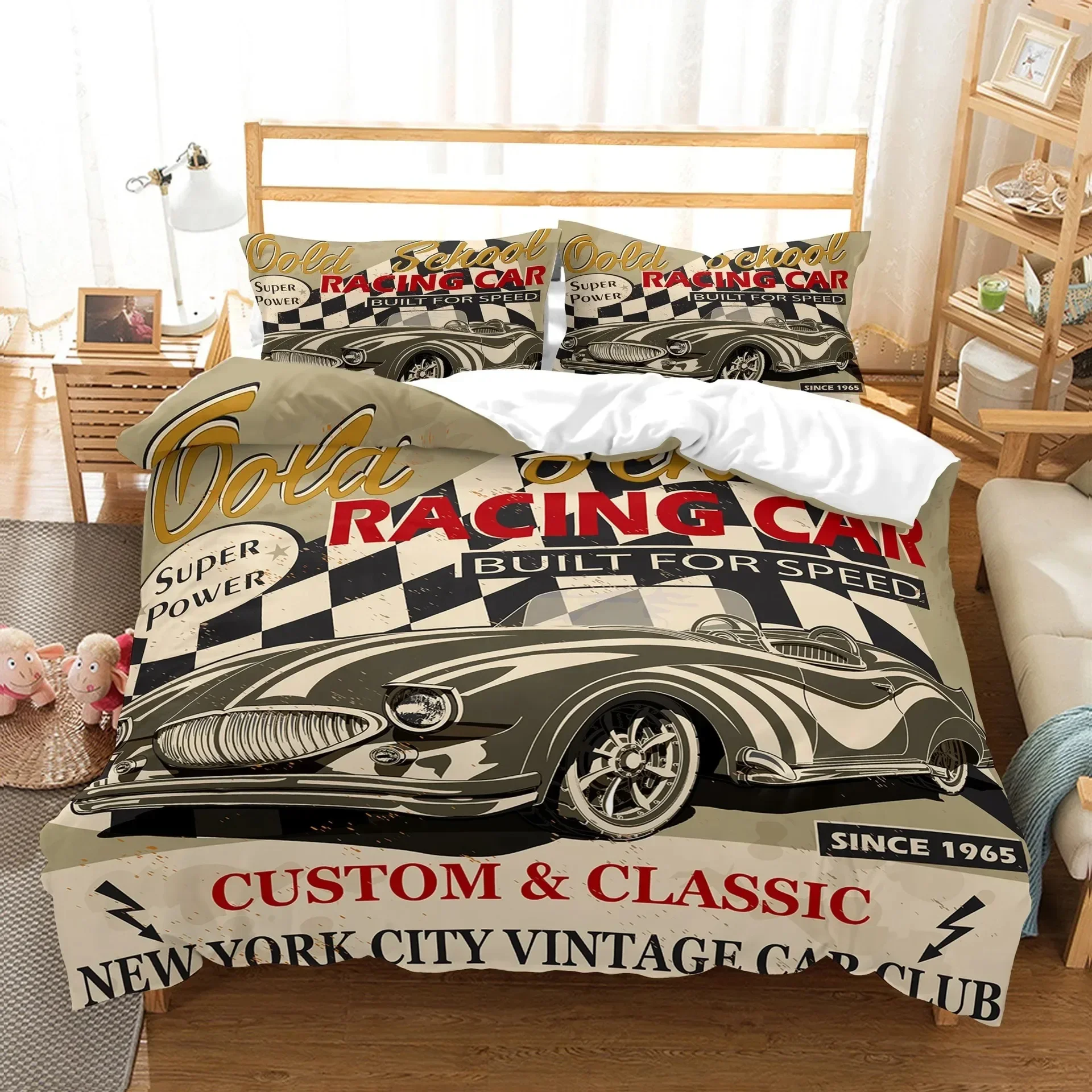 New York Statue of Liberty Duvet Cover King Queen Size Retro Car Nostalgic 50s Bedding,Vintage Car Polyester Quilt Cover for Men