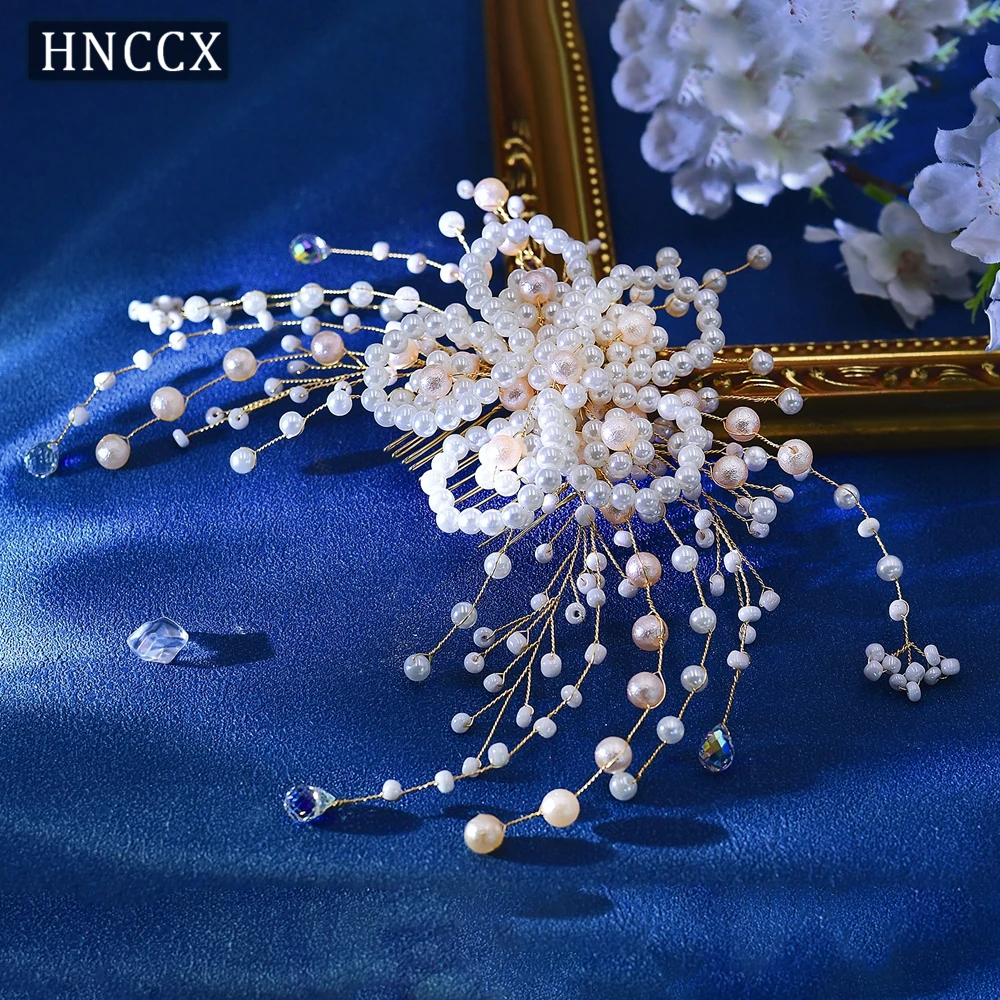 HNCCX Pink Pearl Gold Color Hair Combs Bridal Hair Accessoaries for Women Bride Pearl Crystal  Headpiece Bridesmaid Gift CP723