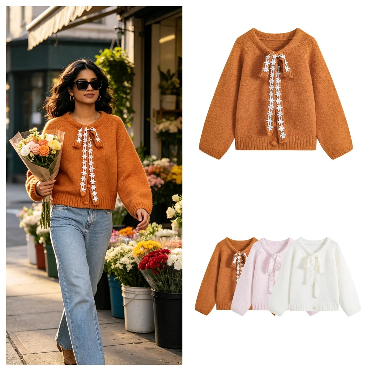 Guobioziy 2026 Women's Knit Cardigan Autumn New Lace Bow Long Sleeve Cropped Sweater Fashion Casual Loose Outerwear