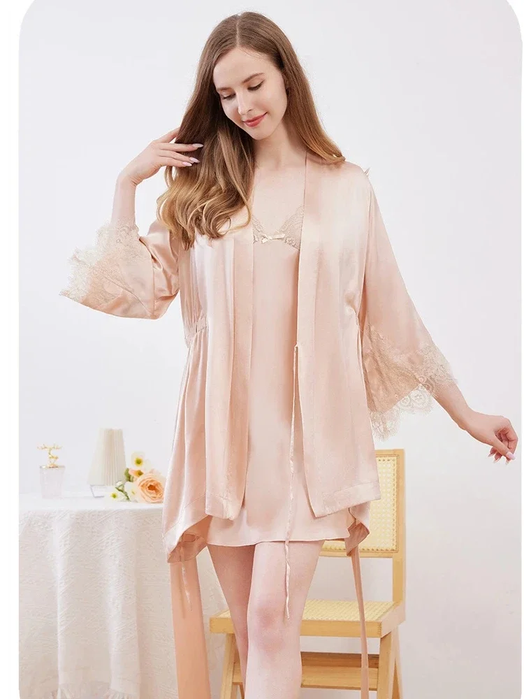 

Women's Silk Camisole Dress & Robe Set Sexy Lace Trim 100% Mulberry Silk Kimono Bathrobe Pajamas 2-Piece Loungewear Bridal Robe