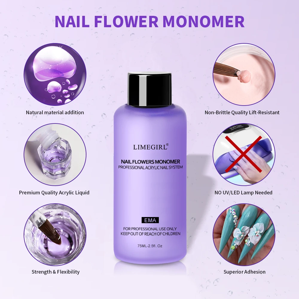 LIMEGIRL 3개/5개 네일 아크릴 리퀴드 모노머 크리스탈 75ML 네일 아트 아크릴 파우더 연장 전문가용 매니큐어 도구