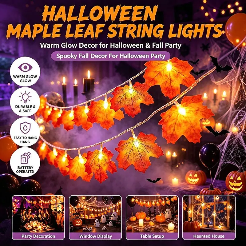 Fall Maple Leaf LED String Lights, Battery Powered Autumn Fairy Lights for Thanksgiving Decorations, Halloween Decor