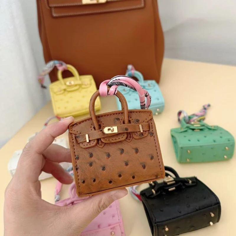Ostrich Handmade Mini Bag PU Leather Handbag Keychain Cute Pendant Bag Headset Bags Keychain Fashion Creative Mini Luxury Wallet