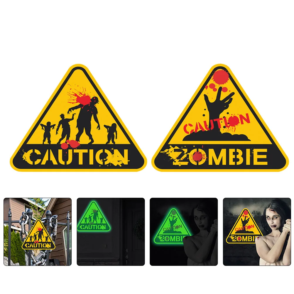 

2pcs Luminous Halloween Warning Sign Adhesive Wall Stickers Zombie Pvc Sticker For Party Decoration Haunted House Self-Adhesive