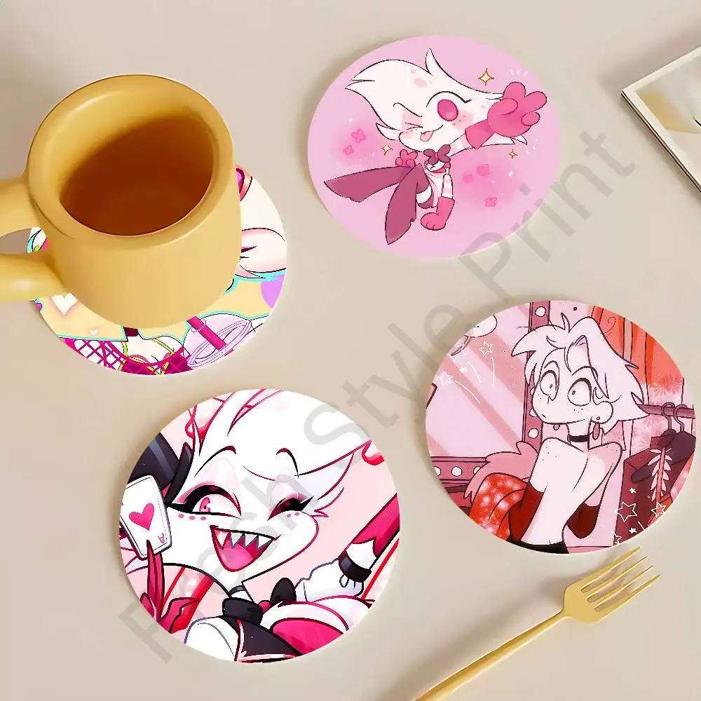 H-Hazbineds A-Angel Dust H-Hotel Heat Resistant Round Wooden Coasters Non-slip Drink Cafe Decoration 2D Flat Color Print Coaster