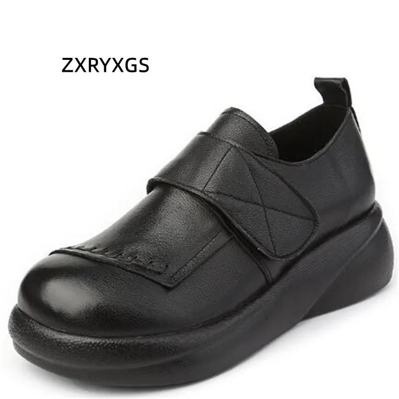 

ZXRYXGS 2023 Spring Top Cowhide Classic Retro Women Leather Shoes Platform Wedges Light Increased Shoes High Heels Large Size