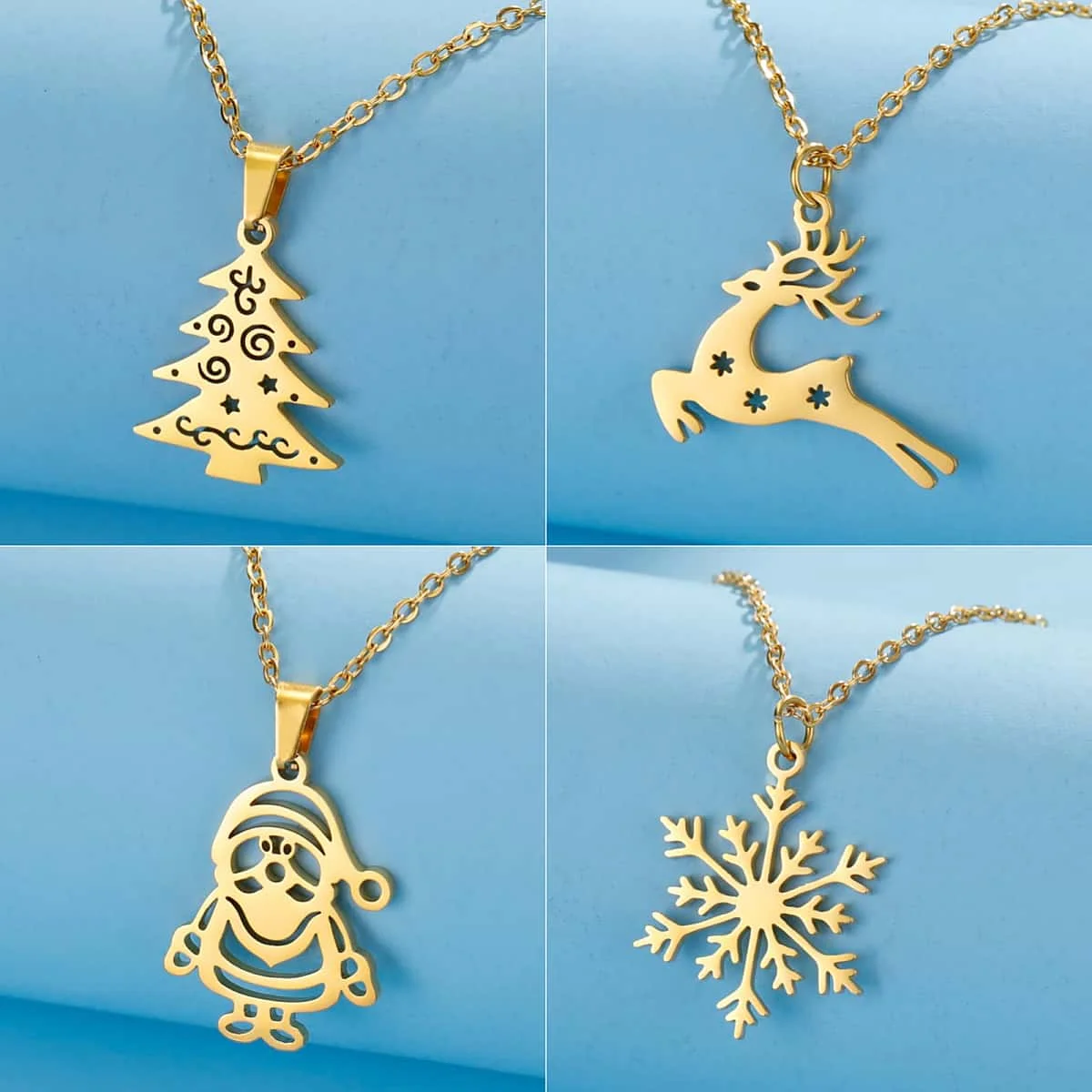 VASSAGO Christmas Necklace Santa Claus Elk Necklaces Christmas Tree Pendant Snowflake Necklace for Women Stainless Steel Gifts