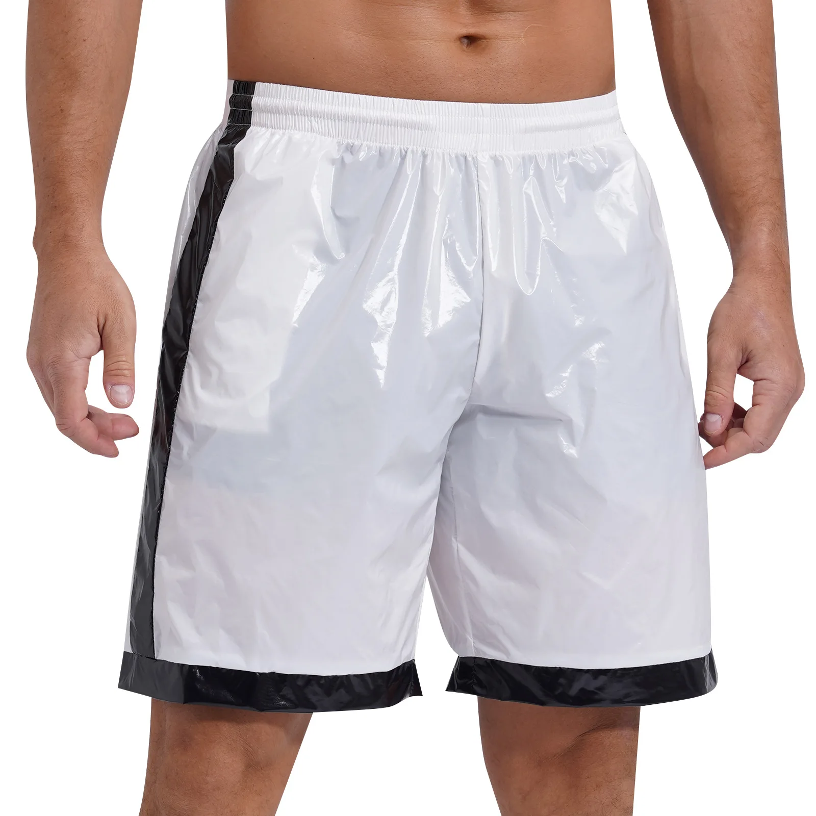 Swimwear Mens Contrast Stripes Beach Shorts Loungewear Swimming Trunks Wet Look Boxer Shorts Drawstring Elastic Waist Pockets