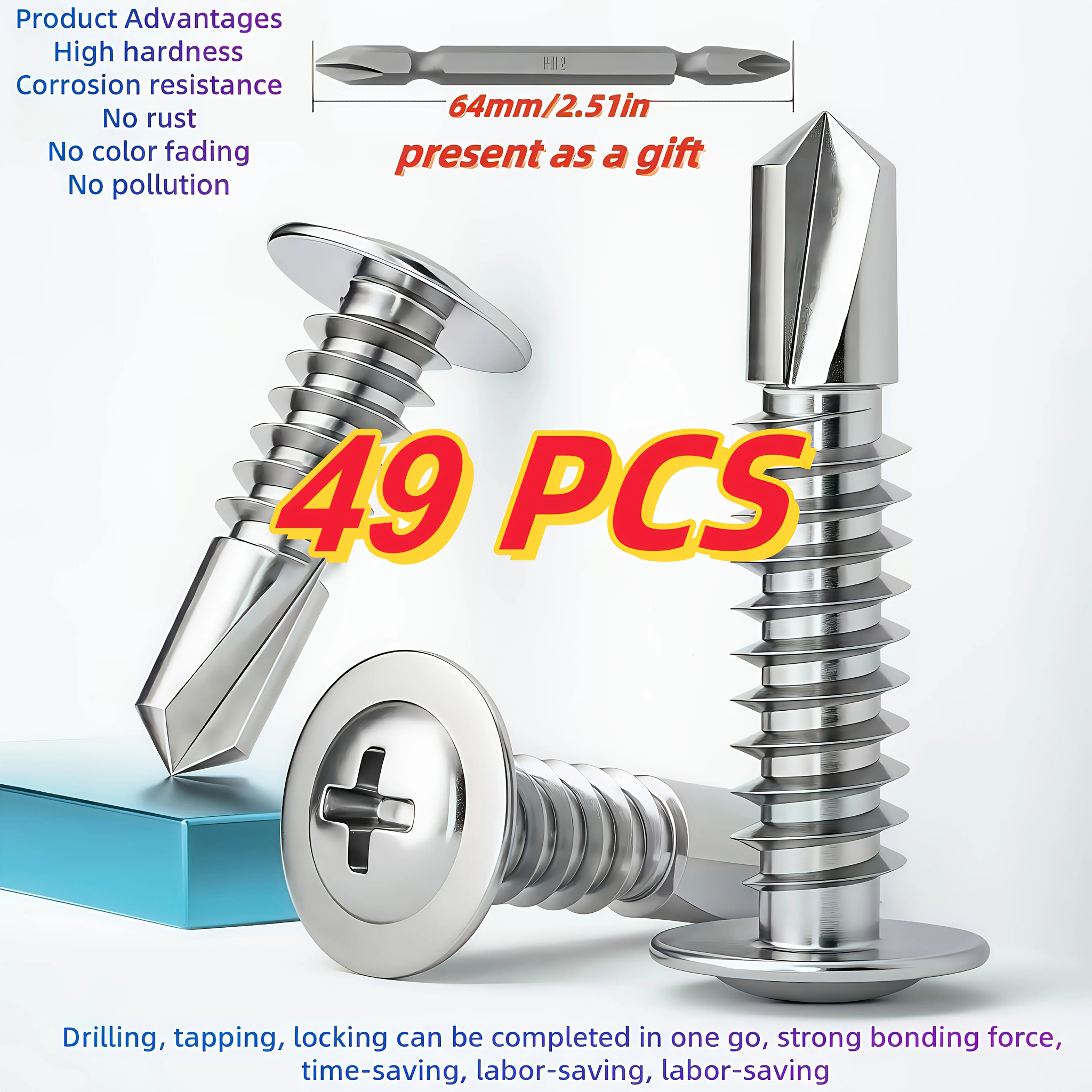 49pcs 410 Stainless Steel Truss Head TEK Self-Drilling Screws, #8 Metal/Furniture Sheet Wood, 1/2''(13mm) to 2''(50mm),