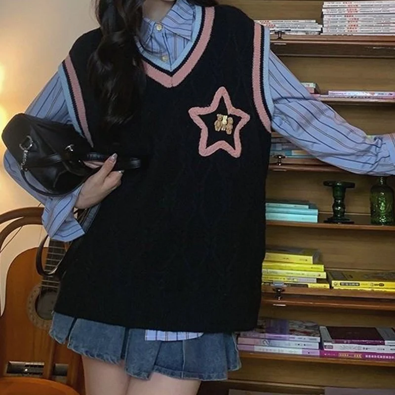 Suéter sin mangas a rayas con cuello en V para mujer, suéter de punto estético japonés Harajuku College Y2K, ropa de Otoño/Invierno 2024