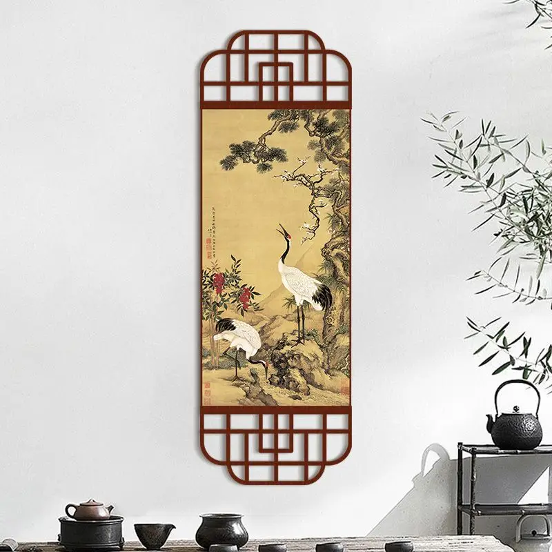 Pine Plum Crane Tapestry Wall Hanging, Vertical Scroll Chinese Ink Canvas Art for Living Room Dining Study Corridor House Decor - Detail 1