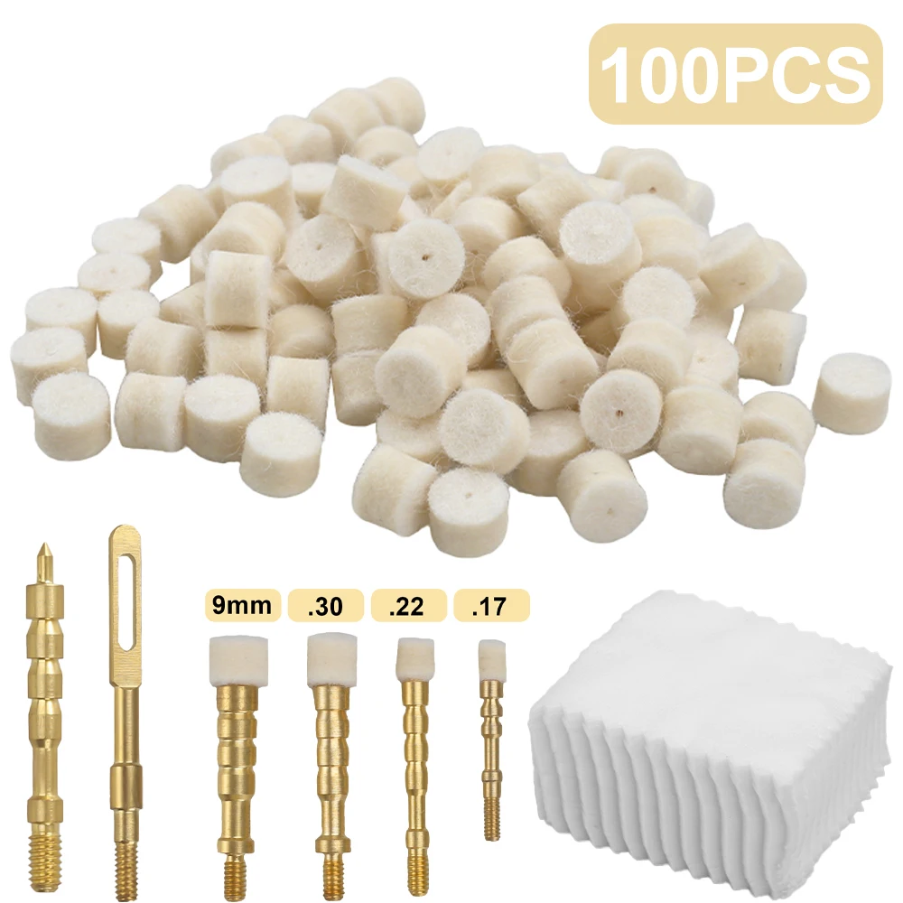 100Pcs Gun Chamber Cleaning Felt Pads Pitol Rifle Barrel Clean Pellets with Rod Fitting Adapter Cotton Pad for .223 .17 .30 9mm