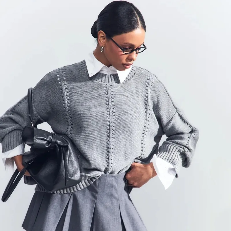 

Европейский и американский полый пуловер для женщин, ранняя осень, новый свободный свитер с круглым вырезом