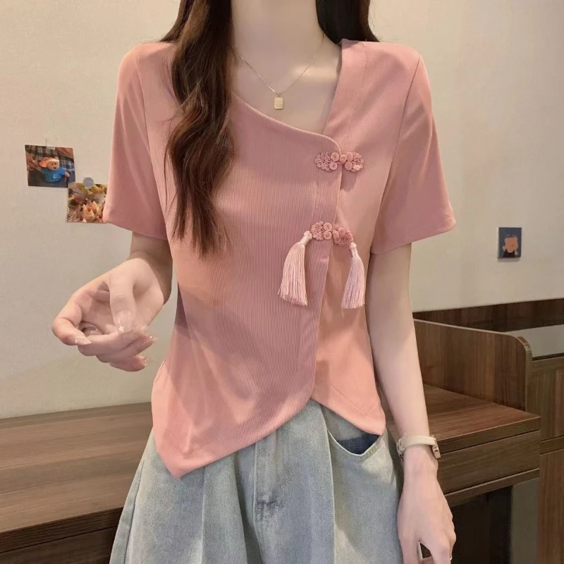 

Summer Women's Front Shoulder Design Short Sleeve Irregular New Chinese Shoulder Top