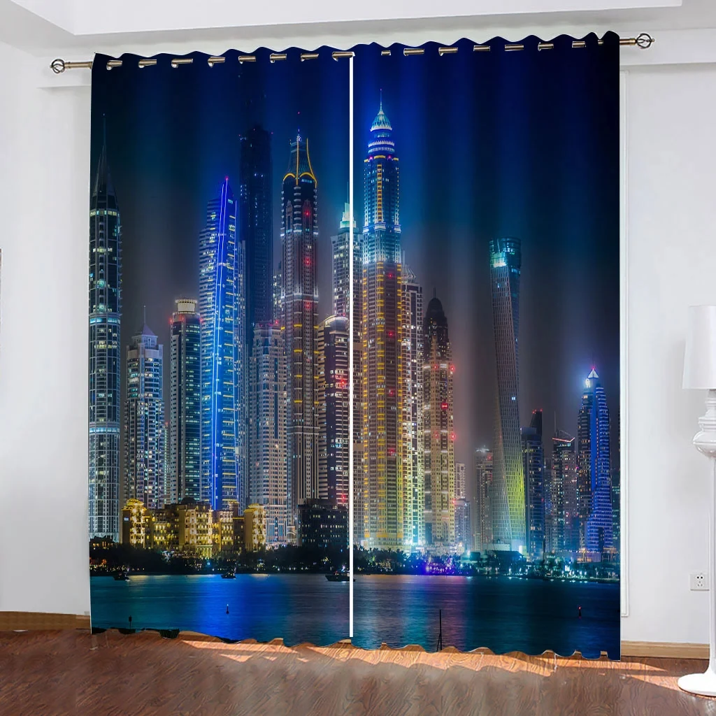 City Architecture Night View Curtains Blue Gothic Style 2 Panel Living Room Bedroom Kitchen Balcony Windows Decorative Curtains