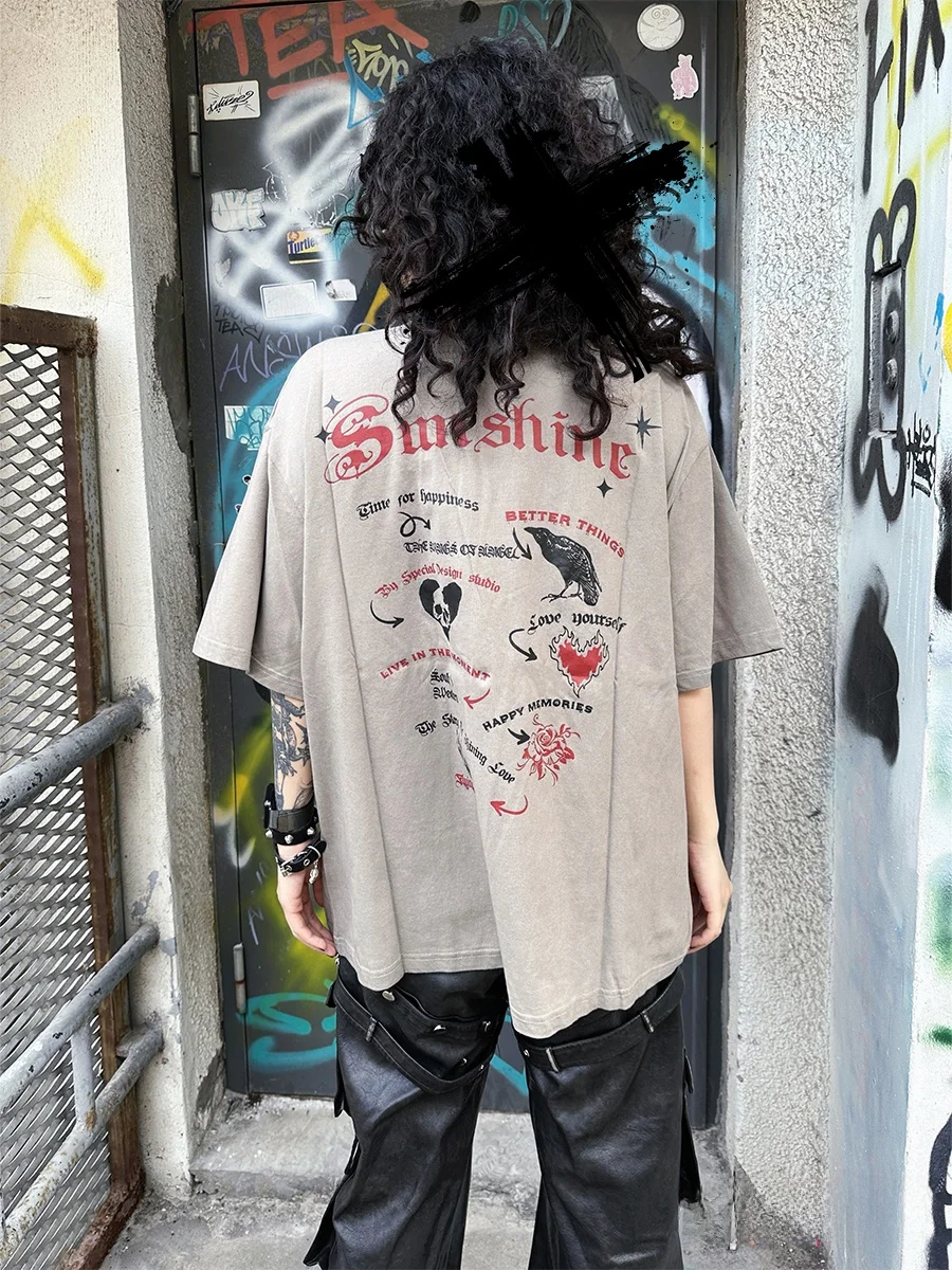 

Футболка Street Sle fiti с принтом в стиле панк-рок, свободного кроя, с коротким рукавом, летняя, хлопковая, с круглым вырезом, для пар