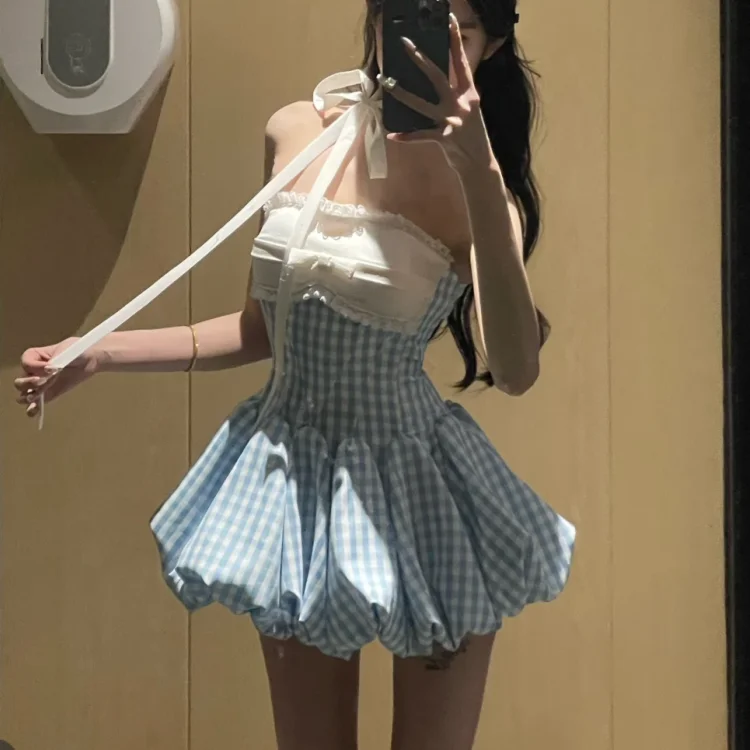 Korea Stil Kawaii Retro Plaid Frauen Kleid Mode Party Sexy Liebsten Knospe Kleid Sommer Vintage Y2K Sinn Für Design Mini Kleid neue