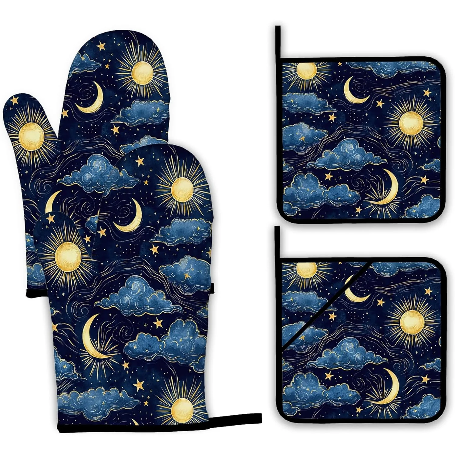 

Набор рукавиц для духовки и подставок для кастрюль Starry Night, кухонные перчатки для духовки Sun Moon и держатель для кастрюли с термостойким нескользящим покрытием