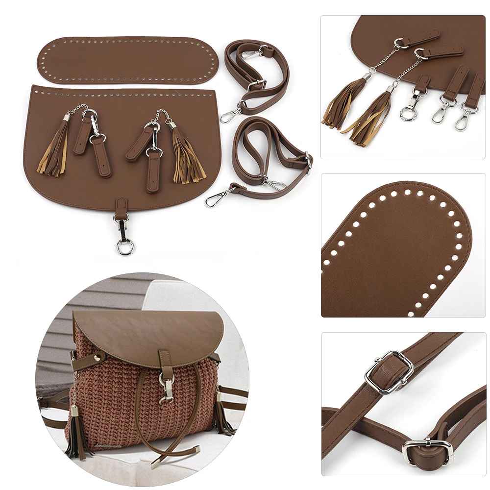 Leather Backpack Bag Set Crochet Women Handbag Bag Bottom Cover With Tassel Adjustable Shoulder Bag Strap For DIY Bag Kit