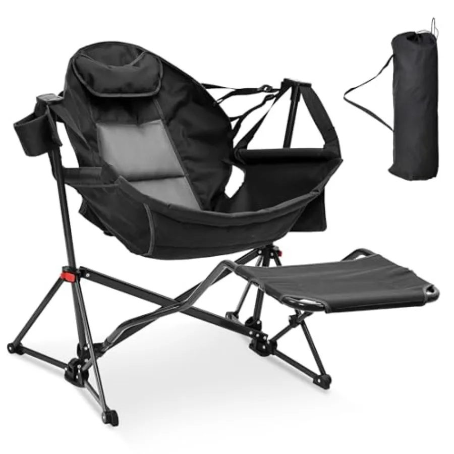 

Foldable Portable Rocking Camping Chair with Footrest and Cup Holder for Adults Outdoor Patio Poolside Use Dark Black Hammock S