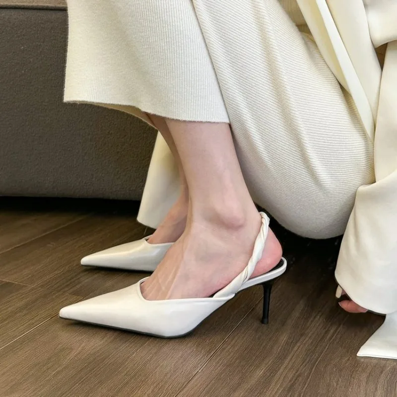 Summer Women Slides Thin High Heels Lady Leather Slingback Mules Designer Slippers Wedding Pumps White Pointed Toe Party Shoes