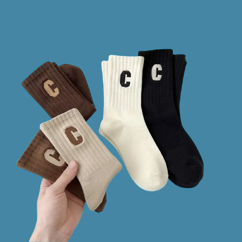 

5/10 Pairs Fashion Cotton Letter Sweat-absorbent And Deodorant Student Sports Casual Mid-tube Socks Winter Solid Color Socks