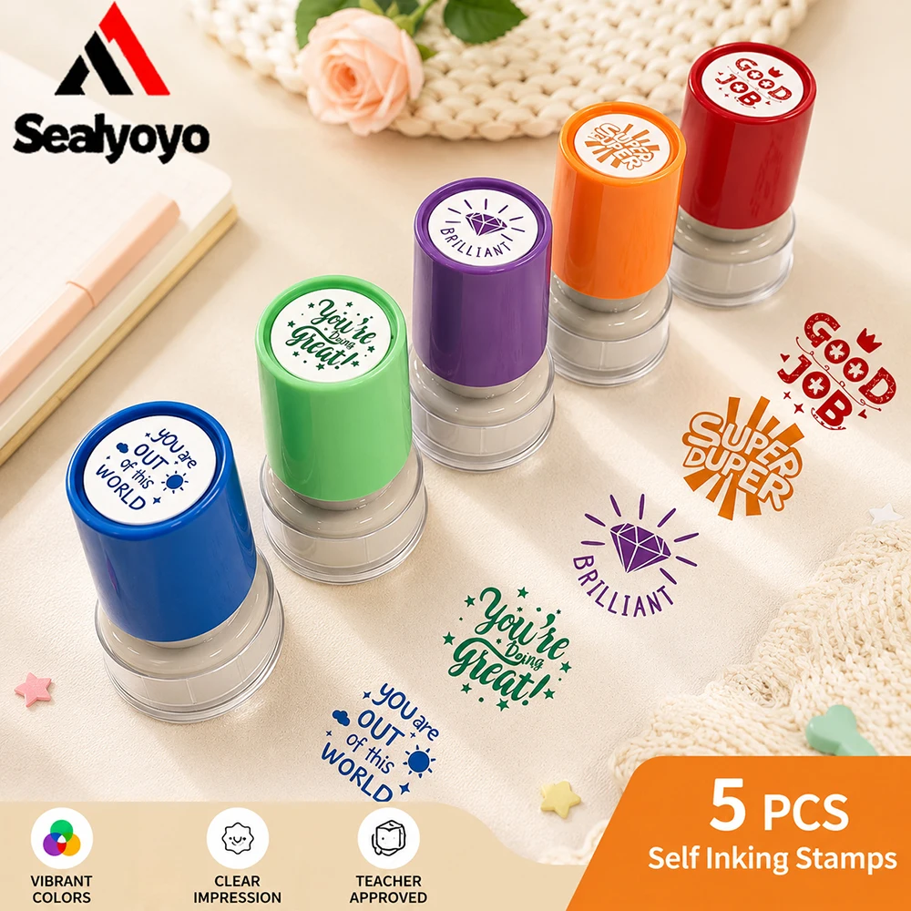 5-Piece Teacher Stamp Set, Self-Inking Classroom Incentive & Reward Stamps, English Encouragement Comments Well Done Excellent
