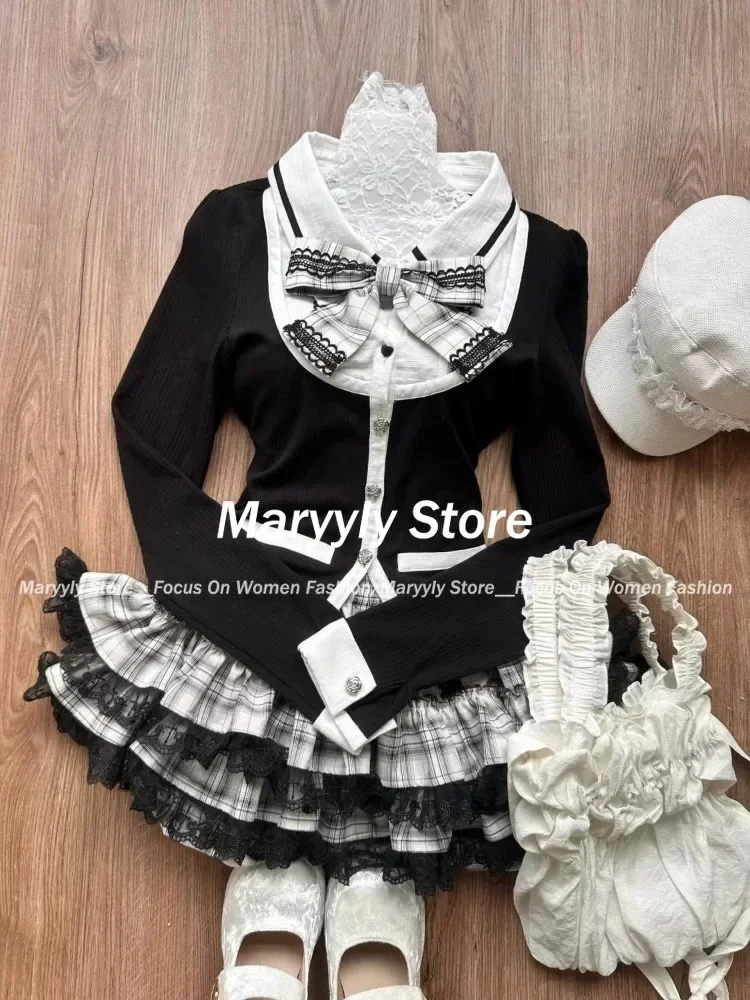 Gothic Y2k Vintage Preppy Style 2 Piece Set Women Sweet Bow Knitted Cardigan Ruffles Plaid Mini Skirt Fashion Lolita Outfits New