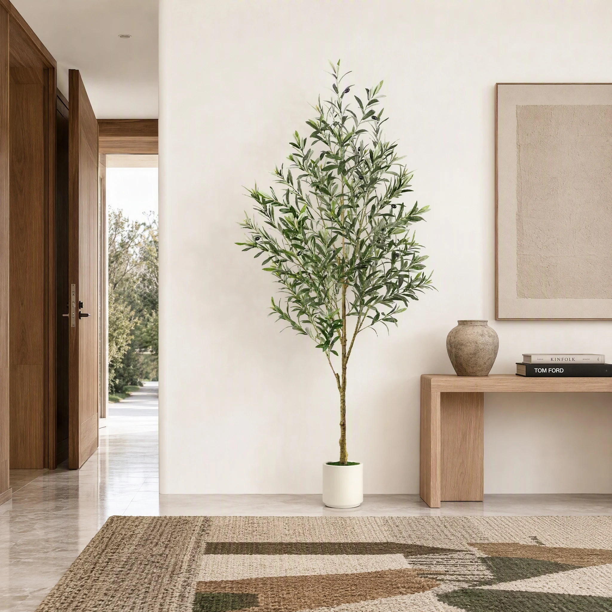 Albero di olivo artificiale per interni, pianta di olivo in seta sintetica con tronco in legno naturale e frutti dall’aspetto realistico, pianta artificiale per decorare casa e ufficio.