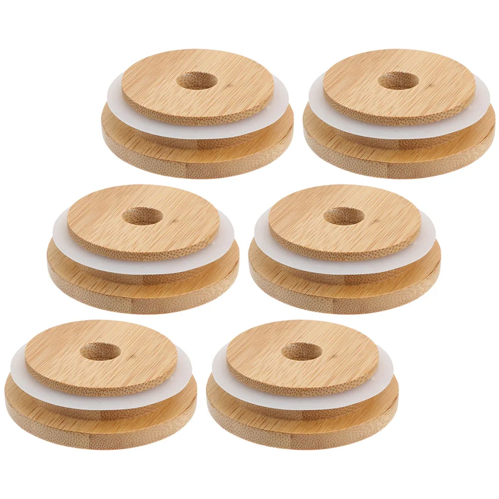 

6 Pcs Storage Tank Lid Yogurt Lids Glass Jar with Bamboo Kitchen Jars Covers Pot Straw Hole Bottle