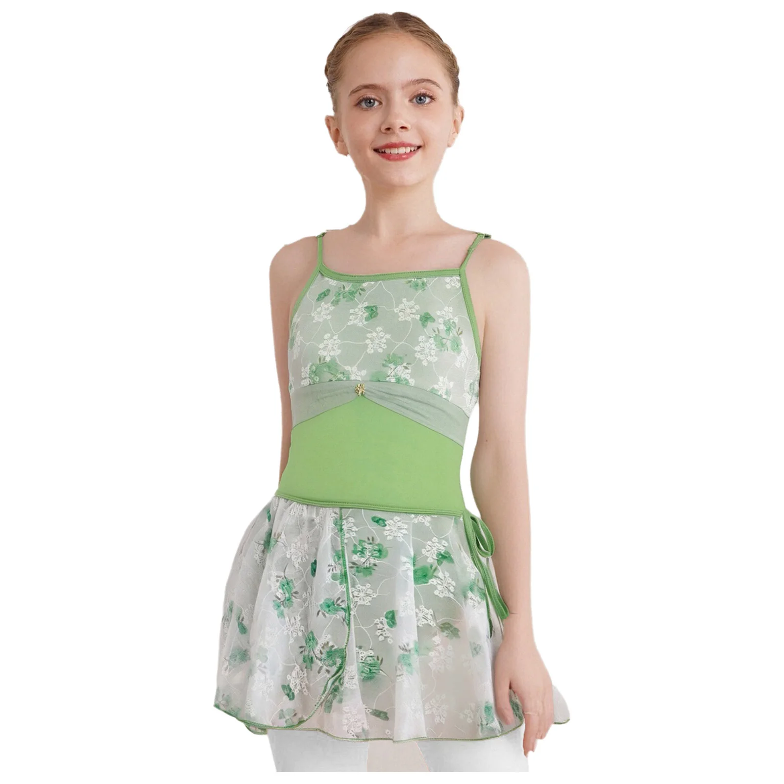 

Kids Girls Figure Skating Dance Costume Sleeveless Adjustable Spaghetti Straps Floral Printed Ballet Dance Leotard with Skirt