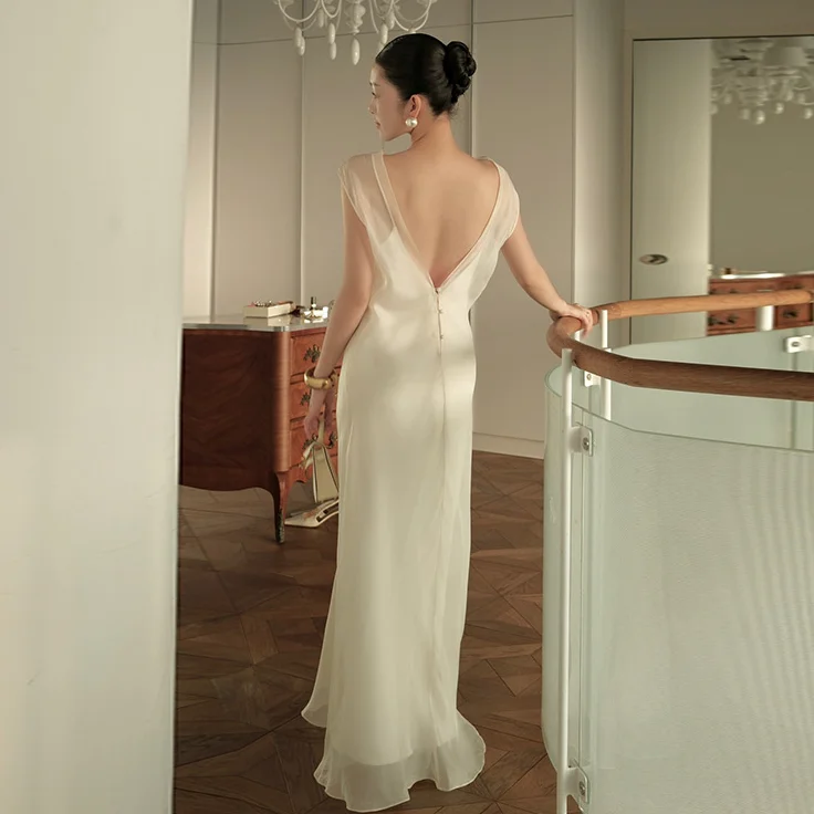

Chic Elegant Satin Dress Sheer Cover Two-piece Set Summer High-end Minimalist Modest Basic Women's Evening Dresses