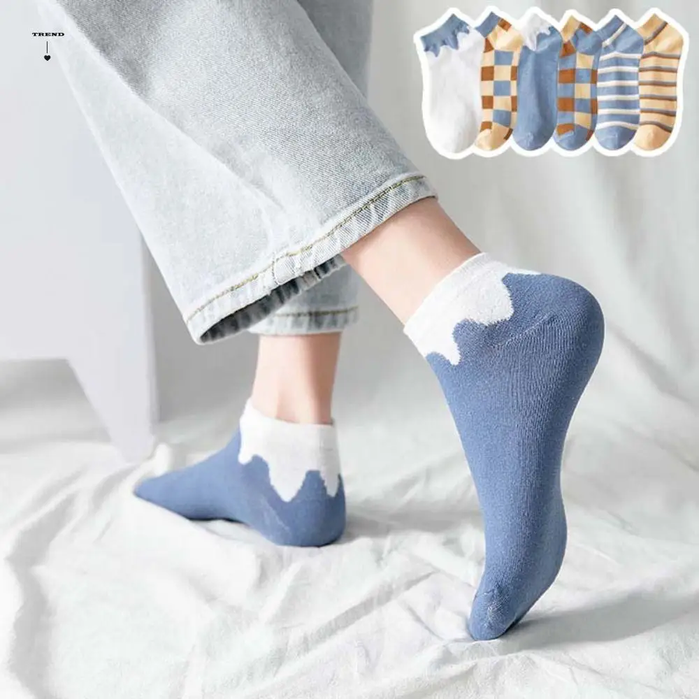 

10Pairs Breathable Grid Stripe Ankle Socks Colorful Thin Women Tube Socks Non-slip Hosiery Simple Mid-calf Socks Women