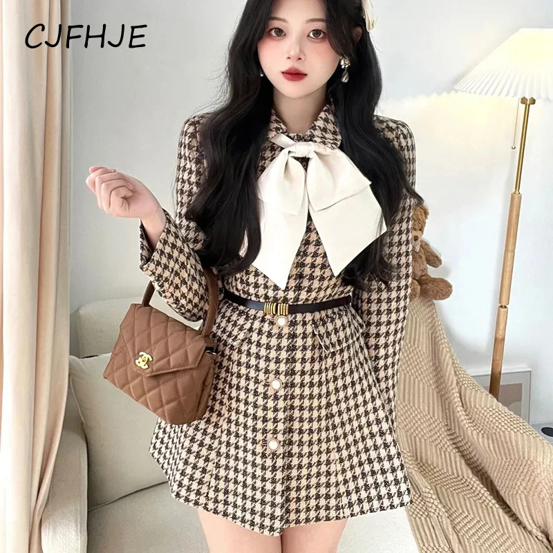 CJFHJE Vintage Plaid Mini Dress Women Autumn Bow Belt A Line Dresses Female New Korean Sweet Turn Down Collar Elegant Lady Dress