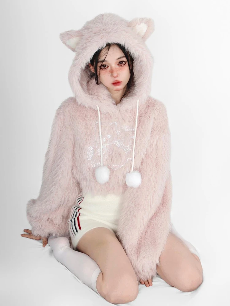 Warm Pink Lolita Kawaii Sweater Women Loose Japanese Sweet Fairy Hooded Tops Female Long Sleeve Korean Pullovers Winter 2023 New