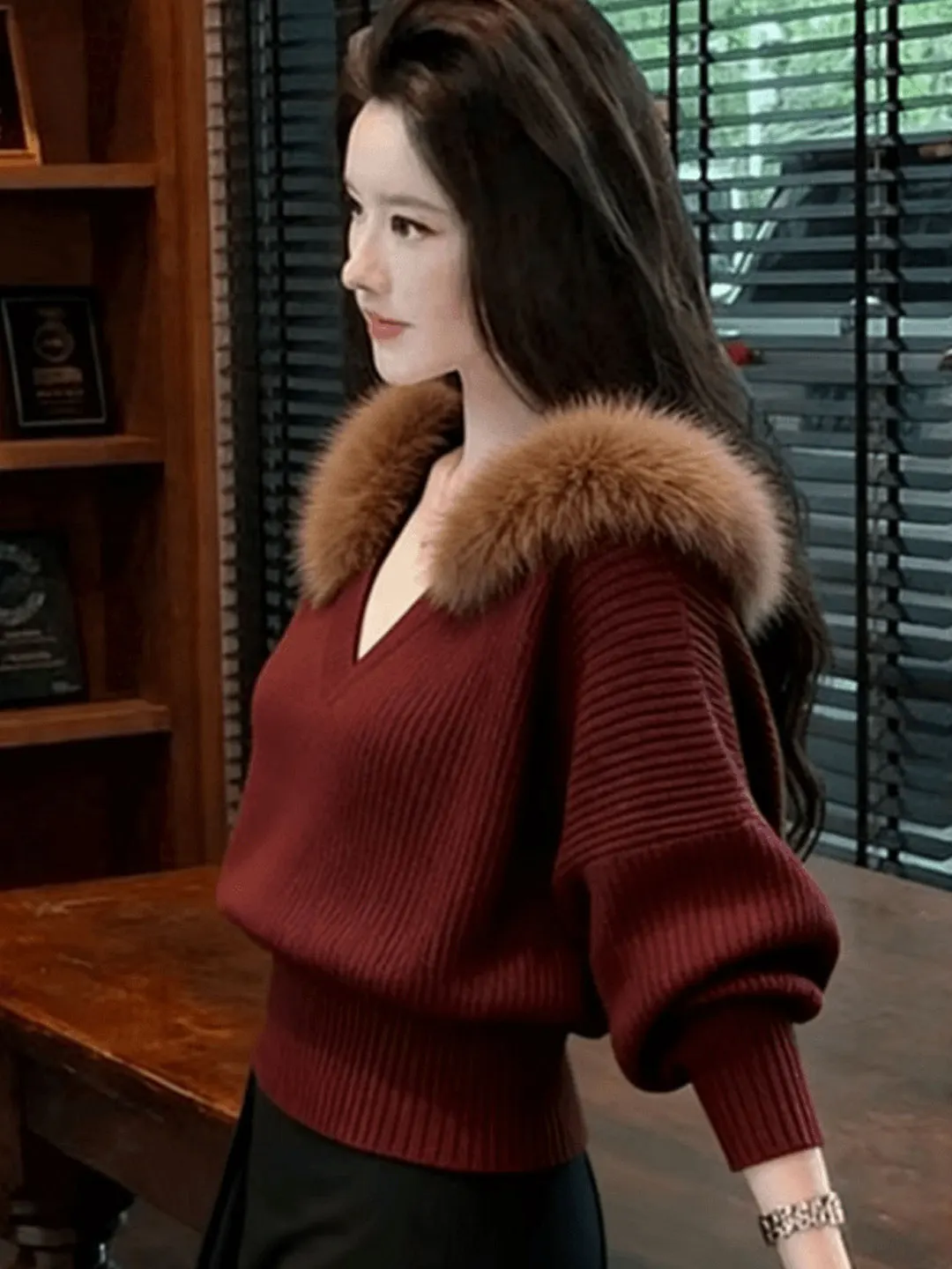 

Красный меховой воротник, свитер с v-образным вырезом, женский осенне-зимний свободный трикотаж, утягивающая талия, повседневная внутренняя одежда, удобный свободный крой
