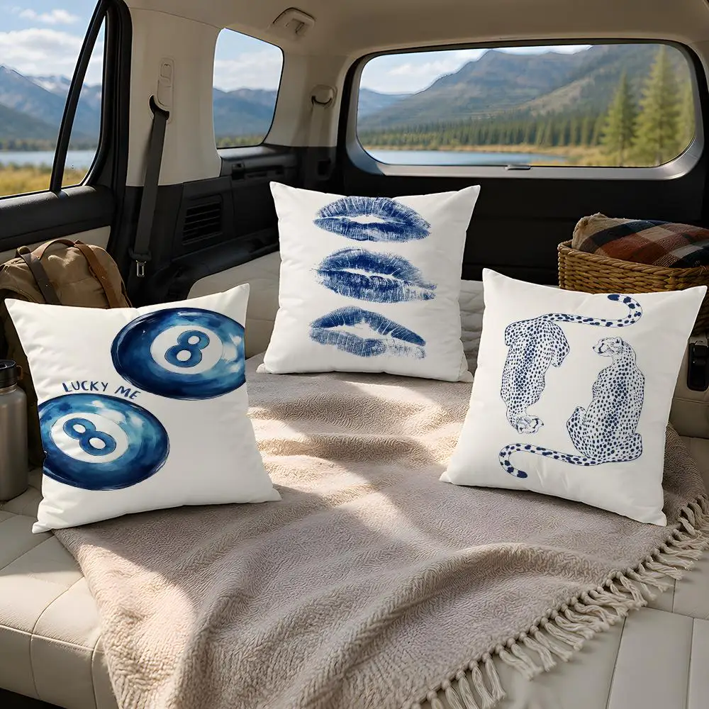 Blue Spotted Kiss Mark Lucky 8 Ball Cushion Cover Plush Fabric Soft Double-Sided Printed Sofa Warm Winter Home Gift Pillow Cover