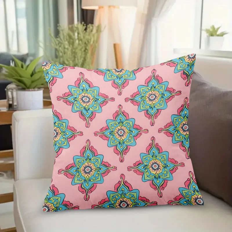 Vibrant Pink Mandala Pillow Cover Turquoise Green Yellow Pattern Double-Sided Print 18x18 Inch Square Modern Home Decor