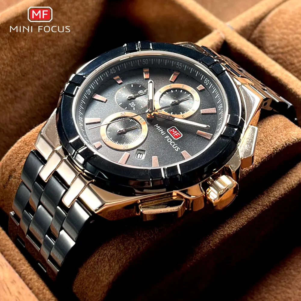 MINI FOCUS Analog Quartz Watch Men Stainless Steel Black Waterproof Dress Wristwatch with Chronograph Date Luminous Hands 0471