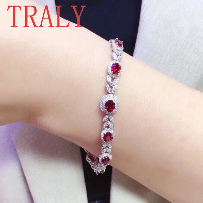 925 Sterling Silver Ruby Bracelet for Women Oval Shape Colored Gemstone Inlaid Full Diamond Bangles Luxury Jewelry Party Gift