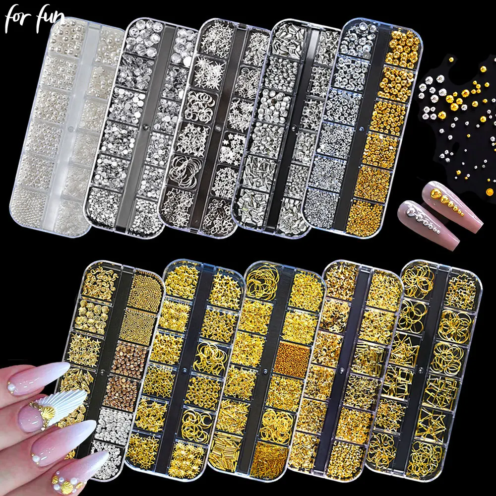 

For Fun 12Grids Mixed Gold Silver DIY Nail Art Decoration 3D Starfish Shell Semicircle Round Bead Rhinestones Rivet Metal Slice
