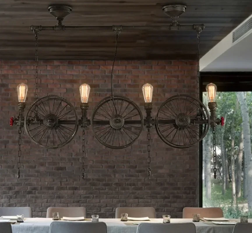 Loft vintage pendant chandelier creative restaurant bar industry wrought iron hanging  lamp American Bar wheel lampadario