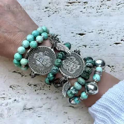 10PCS Hippie Love Medal Coin Charm Bracelet Antique Silver Plated Chain Women Boho Arcane Jewelry Inoxidable Ascesorios Tiki