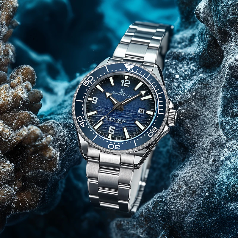 BAOFEILUN Men Automatic Mechanical Watch 300M Waterproof Blue Ocean Textured Dial Luminous Sports Diving Wristwatch For Male