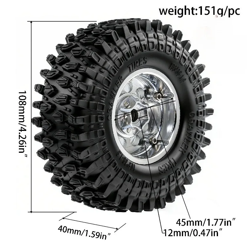 1.9 Beadlock Wheels and Tires 108mm / 4.26'' for Trxs TRX4 Axial SCX10 II III Redcat Gen8 Gen7 12mm Hex 1/10 Crawler Upgrades