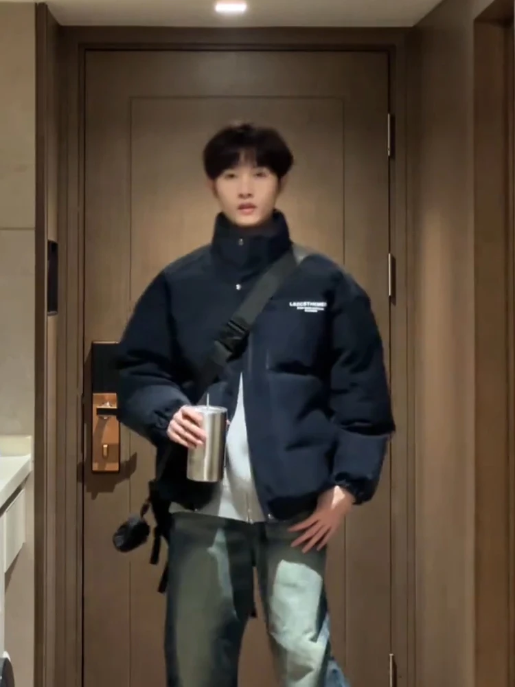 

Thiened Blue down Cotton Jaet Men's Winter Warm ort Sle PU Leather Cotton Padded Coat Stand Collar Zipper Closure Out...