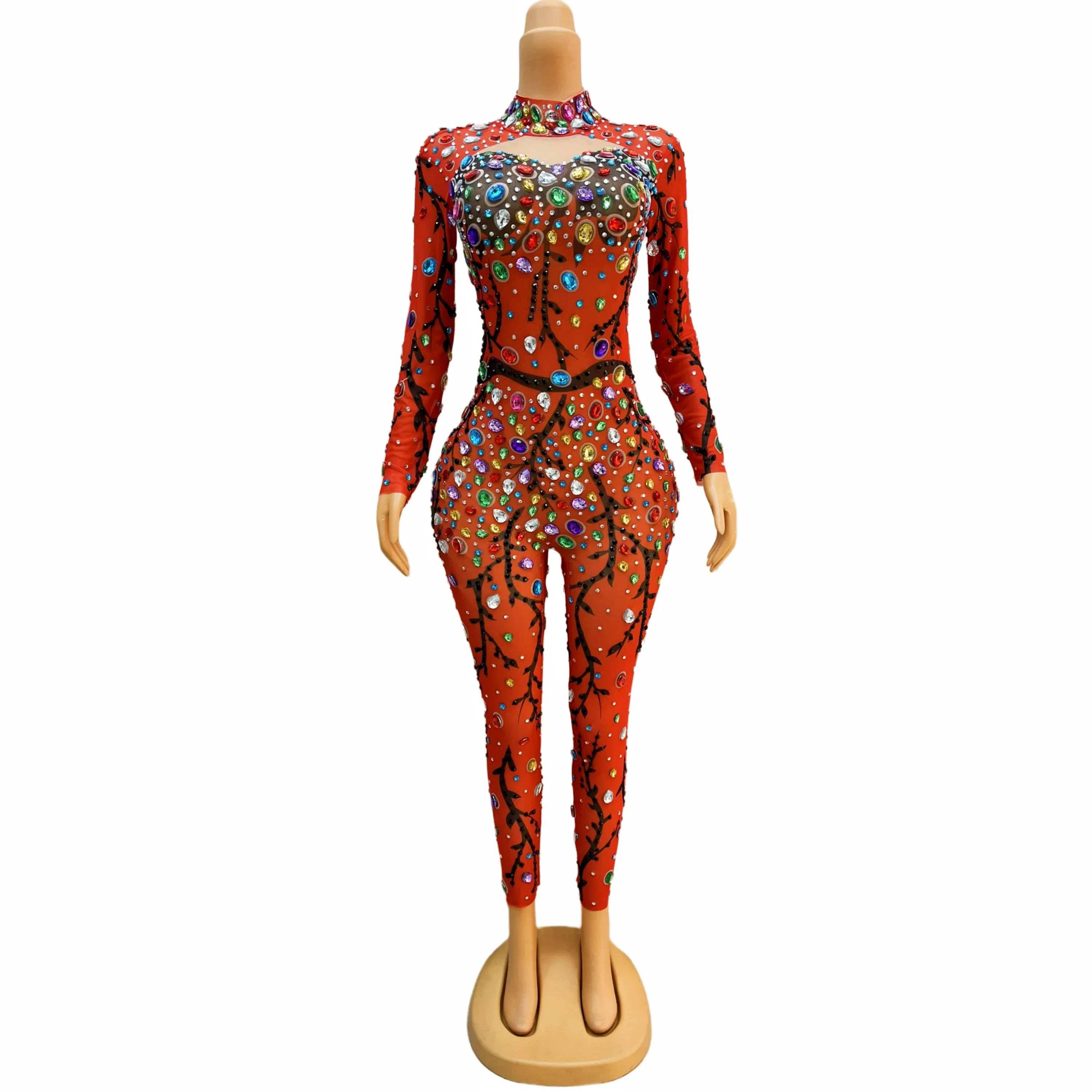 Colorful Big Rhinestones Brown Mesh Bodysuit  Dance Performance Costume Evening Birthday Celebrate Sexy Jumpsuit Outfit