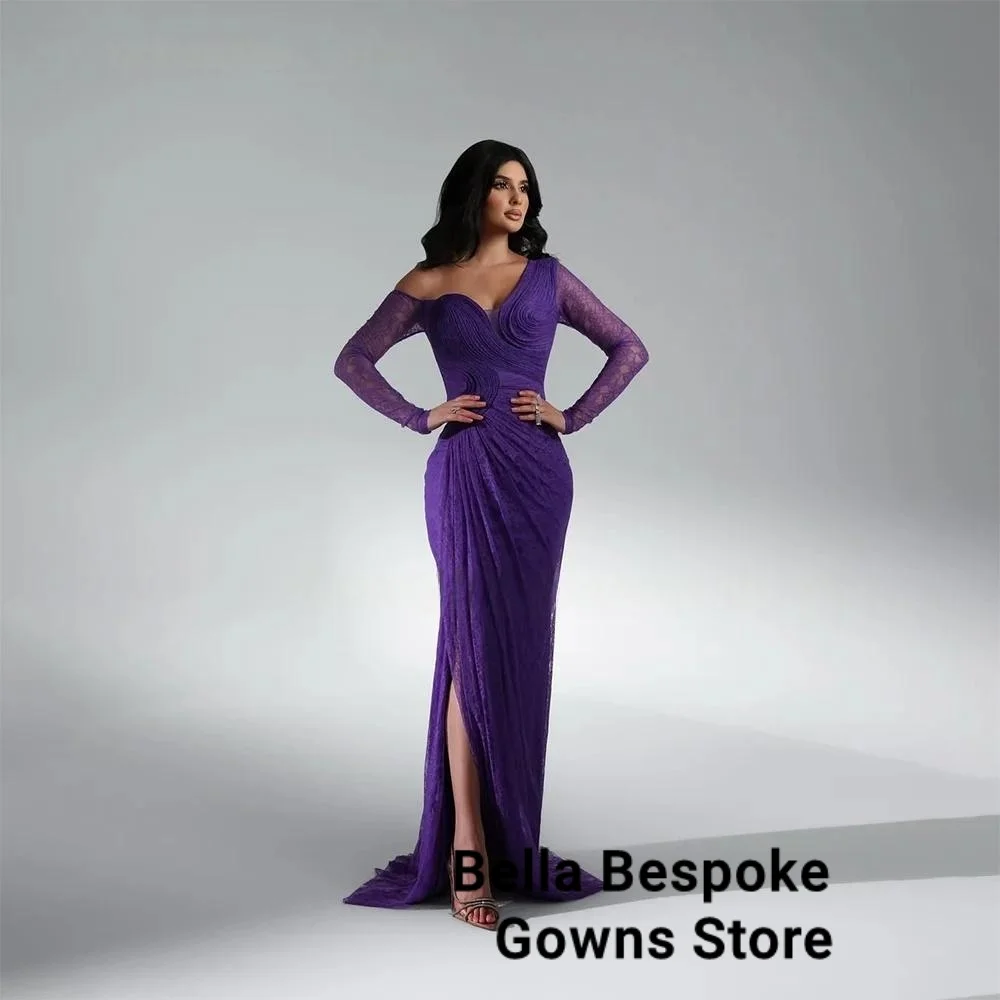 

Purple Prom Dress Customized Off Shoulder Long Sleeves Evening Dresses Lace Mermaid Floor Length Arab Dubai Party Gown