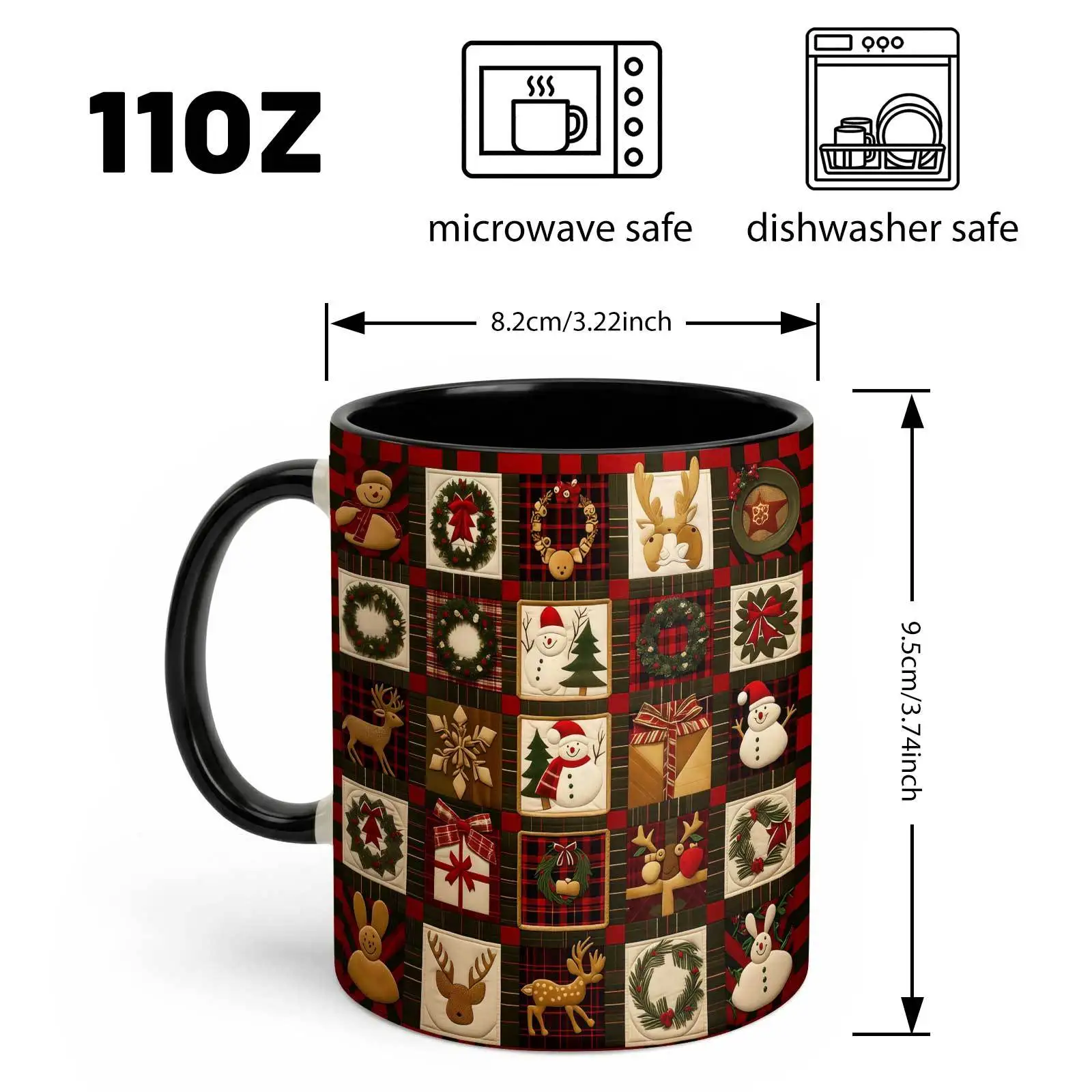 1pc, Christmas Quilt Patchwork Pattern, 11 Oz Colored Ceramic Mug, Festive Holiday Elements Print, for Home And Office, Christmas Gift, Tumbler, Local Warehouse, Gifts for Men And Women, Friends